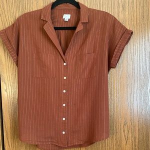 A New Day Button Down Top, Brown with Copper Pin Stripes, Size Medium